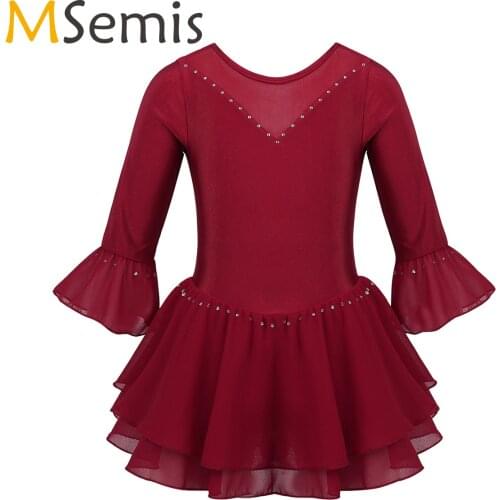 MSemis Kids Girls Figure Skating Dress Ice Skating Ballroom Competition Dresses Flare Sleeves Rhinestone Gymnastics Dancewear