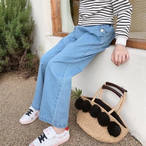 Girls' jeans autumn/winter new casual double-breasted elastic waist Kids wide-leg denim baby trousers