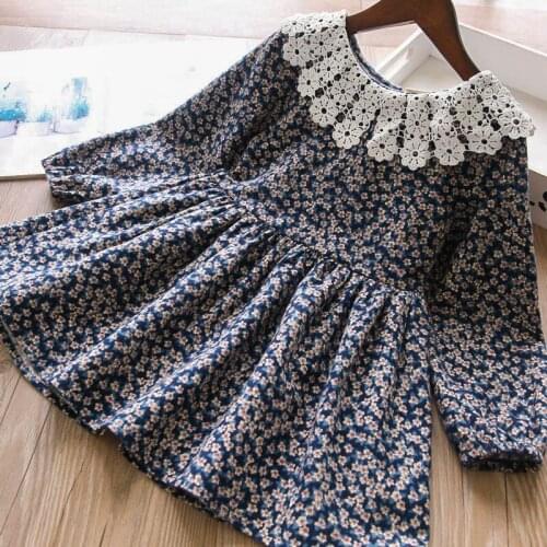 Girls lace collar floral print cotton long sleeve princess dresses children dress wholesale