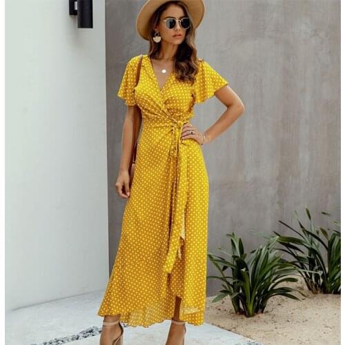 Summer Long Dress Female Polka Dot Sexy V-neck Ruffle Short-sleeved Beach Vacation Summer Dress Ladies Lace Wrap Party Dress