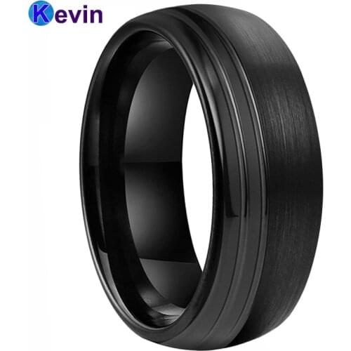 Men Back Wedding Band Black Tungsten Carbide Ring With Double Offset Groove Comfort Fit