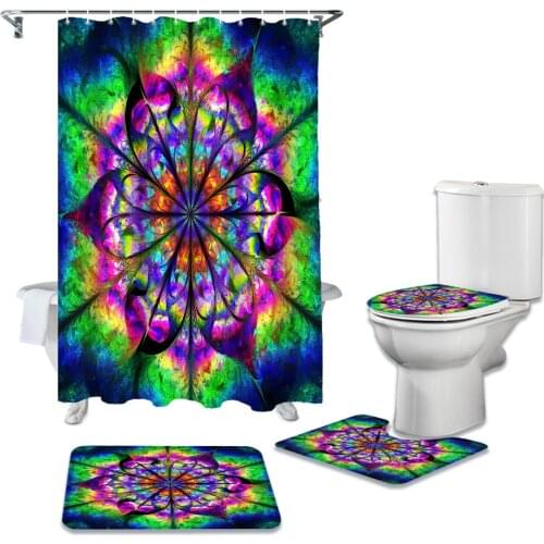 Psychedelic Flower Mandala Rainbow Flower Shower Curtain Sets Rugs Toilet Lid Cover and Bath Mat Bathroom Curtains Set