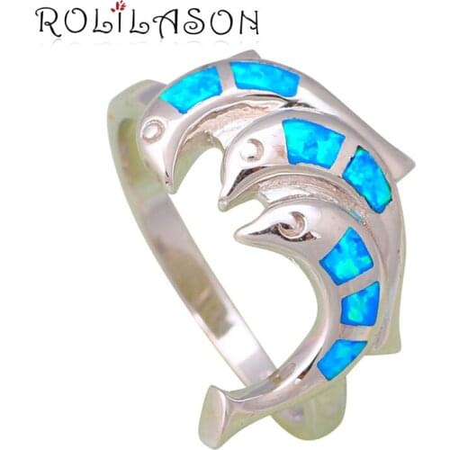 ROLILASON Blue fire Opal 925 Sterling Silver Fantastic Dolphin Design Wholesale & Retail Fashion Jewelry Rings USA size #6#8 SR3