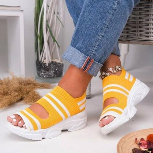 Womens Sandals Woman Shoes Stretch Fabric Slip on Hollow Out Peep Toe Thick Bottom Casual Cover Heel Ladies Female 2020 New