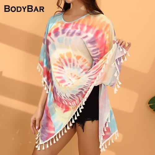 Tie-dye Printed Fringe Dress Boho Bat Short-sleeved Mini Dresses Knitted Plus Size Dress Holiday Style Beach Loose Vestido Femme