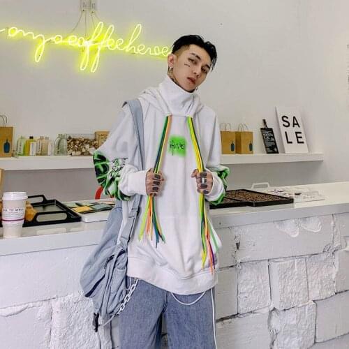2021Men streetwear Hip Hop sweatshirt Chinese style print sweatshirt loose drawstring design top