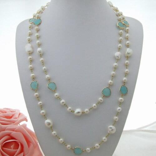 YYGEM Freshwater Cultured White Baroque Pearl Blue Crystal Chain Long Station Necklace 44"