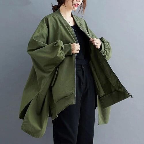 Plus Size Autumn Bomber Jacket Women Cardigan Basic Solid Batwing Sleeve Oversize Female Windbreaker Casual Vintage Outerwear