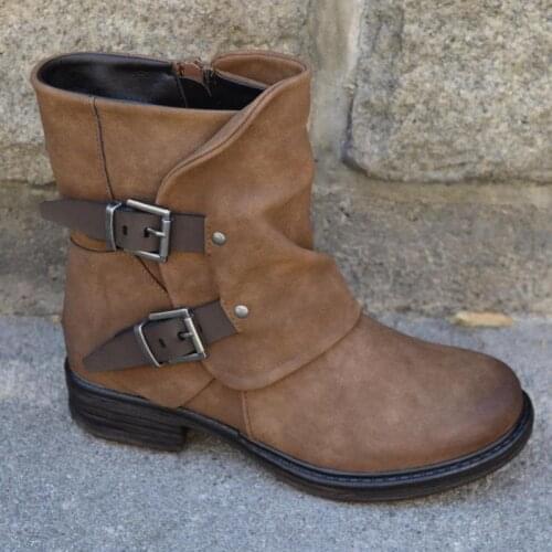 Womens winter sexy fashion classic solid buckle faux leather denim retro work square heel flat shoes large size ankle boots