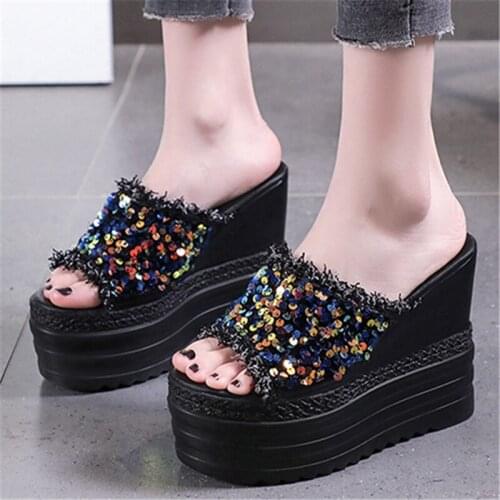 New Summer Style Chunky 13CM Wedges Super High Heel Sandals Sexy Womens Bling Mixed Colors Sequined Platform Open Toe Slippers