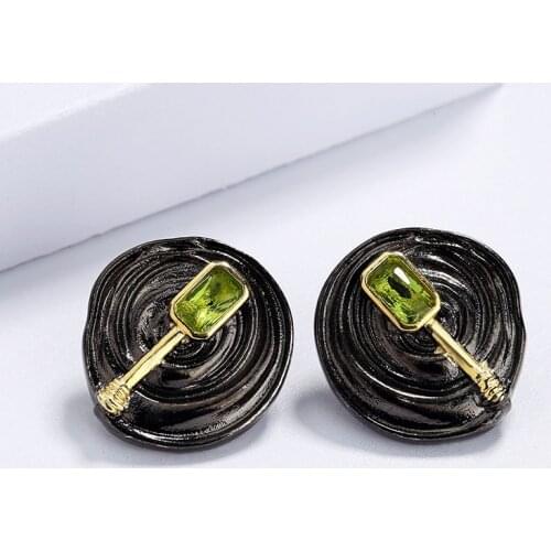 Retro Black Gold Jewelry 925 Silver Green CZ Stud Earrings for Women Wedding Party Ladies Earrings Handmade Jewelry