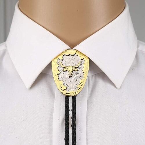 Gold bull head bolo tie for man cowboy western cowgirl lather rope zinc alloy necktie