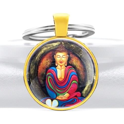Gold Holy Buddha Design Glass Dome Pendant Key Chain Classic Men Women Jewelry Gifts Key Rings