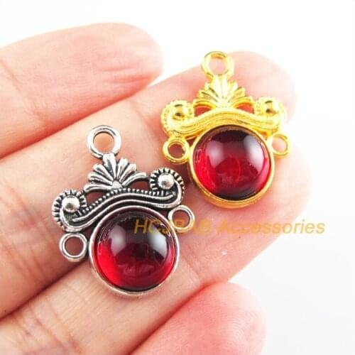 10 New Round Charms Red Glaze Flower Connectors Tibetan Silver Tone & Gold Color 18x23mm