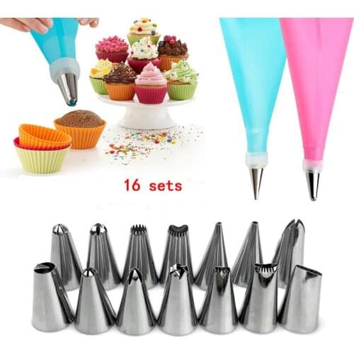 16 Set Silicone Kitchen Accessories Icing Piping Cream Pastry Bag + 14 Stainless Steel Nozzle Set DIY Cake Decorating Set Tool