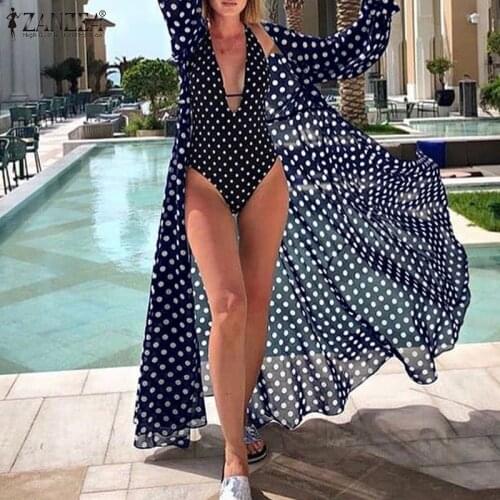 2021 Women Behemian Cardigan ZANZEA Summer Polka Dots Long Shirts Casual Ladies Loose Cover-Ups Holiday Beach Oversize Swimwears