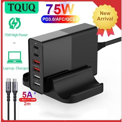 TQUQ 75W 6-Port Fast USB Charger, PD 65W Power Delivery Type C & 4 USB A Power Adapter for Laptop, iPhone, Xiaomi Mobile Phone