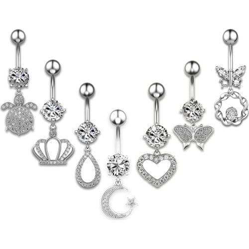 7pcs/set 7 Styles Steel Crystal Piercing Ombligo Butterfly Crown Belly Button Rings Navel Rings for Women Body Piercing Jewelry