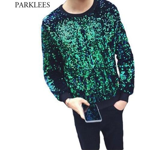 Shiny Green Sequin Bling Sweatshirt Men Youth Nightclub DJ Satge Party Stage Glitter Sweatshirts Mens Hip Hop Casual Sweat Homme