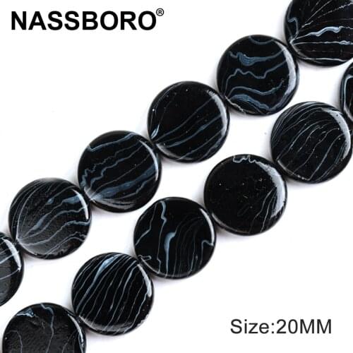 20mm Flat Round Shape Shell Beads Black Two Sides Pattern Printed Spacer Beads for Jewelry Making DIY Necklace Bead Materials