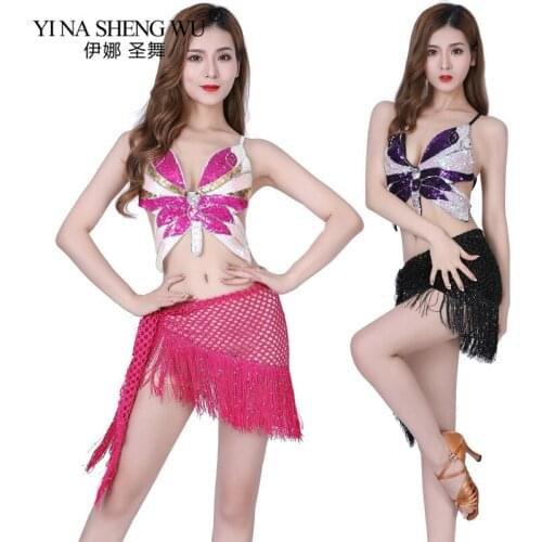 Sexy Belly Dance Butterfly Sequin Halter Top Set Sexy Party Costume Tassel Temptation Stage Performance Sets Practice Clothes