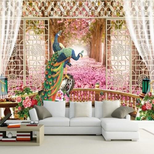Dropshipping Colomac Pink Wallpaper Chinese Style a Pair of Peacock Wood Wallpaper Papier Peint Mural 3d Wall Papers Home Decor