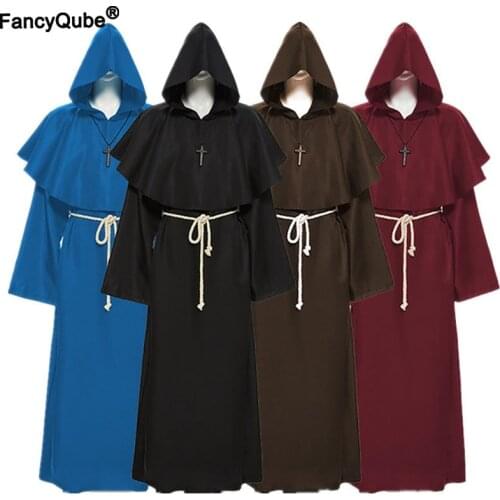 Medieval Monk Church Clergy Costume Mens Cosplay Priest Hooded Cowl Gown Robe Cape Minister Cloak Halloween Outfit For Adult
