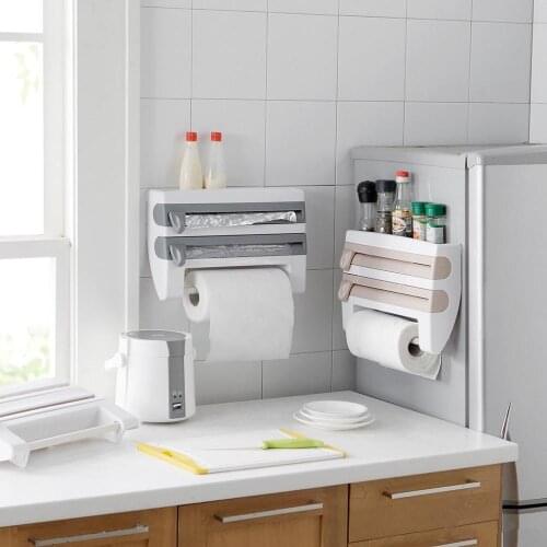 Kitchen Organizer Paper Towel Storage Rack Roll Holder Free Punching Creative Fridge Side Hanging Racks Cling Film Storage Shelf
