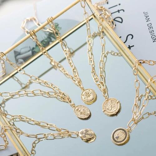 Wild&Free Punk Chunky Chains Geometric Pendant Necklace Round Star Choker Necklaces For Women Fashion Gold Coin Jewelry