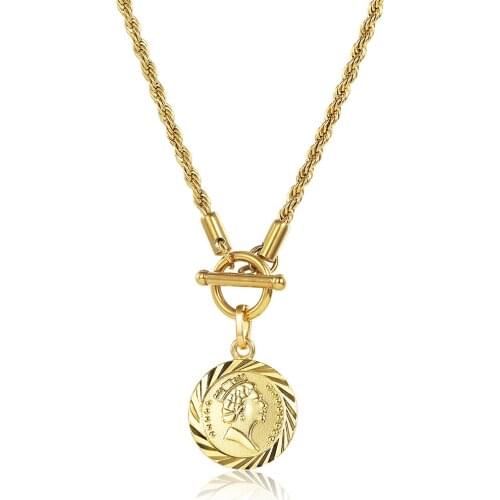 New 3mm Rope Link Chain Coin Round Elizabeth Pendant Necklace for Women Girls Chunky Choker Toggle Clasp 22inch DN225