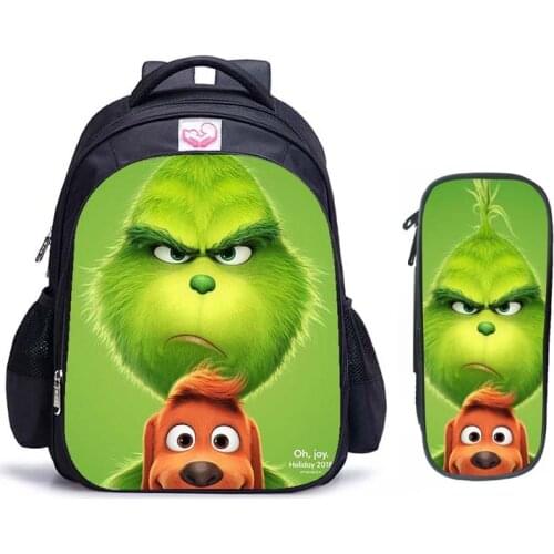 16 Inch Green Grinch School Bag for Kids Boy Orthopedic Backpack Children School Sets Pencil Bag Toddler Schoolbag