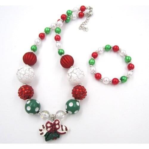 1Set New Model Child Chunky Beads Necklaces Toddler Girls Christmas Gift Candy Cane Charm necklace Bracelet jewelry set for kids