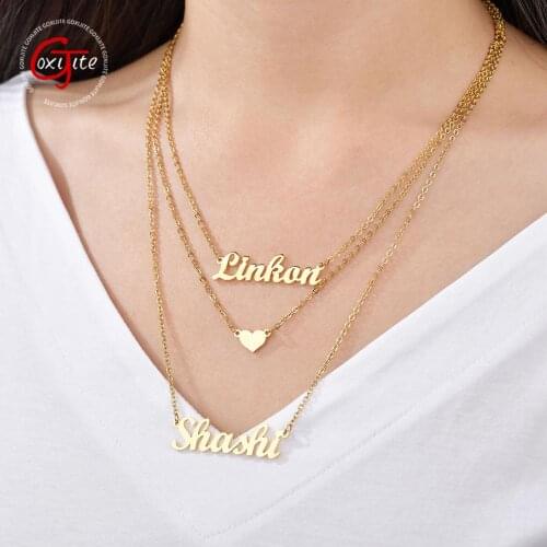 Goxijite Personalized Multilayer Name Necklace For Women Customized Heart Double Nameplate Stainless Steel Jewelry Gift