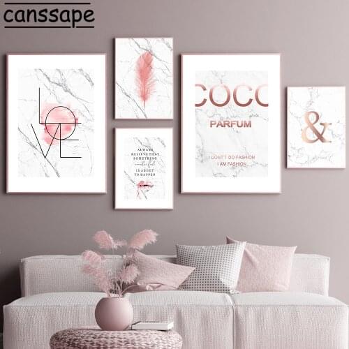 Feather Print Rose Gold Posters And Prints Vogue Marble Canvas Painting Fashion Poster Nordic Wall Pictures Living Room Decor