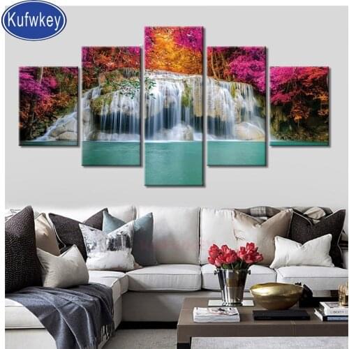 Full Waterfall nature Diamond painting 5 pcs diamond embroidery red tree diamond mosaic 3d cross-stitch round drill 5d DIY gift