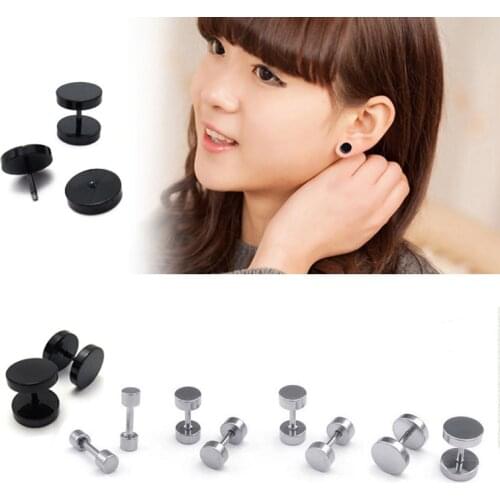 Titanium steel dumbbell style stud earrings black steel color wheel earrings men women trendy hip hop rock punk style earrings