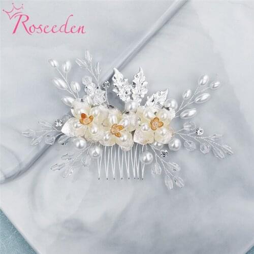 Handmade Gold Crystal Pearls Wedding Hair Comb Bridal Headpiece Hair Accessories Women Fashion Jewelry RE3787
