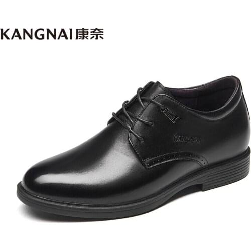 KANGNAI Men Derby Shoes Genuine Cow Leather Lace-Up Round Toe Black Business Formal Dress Shoes