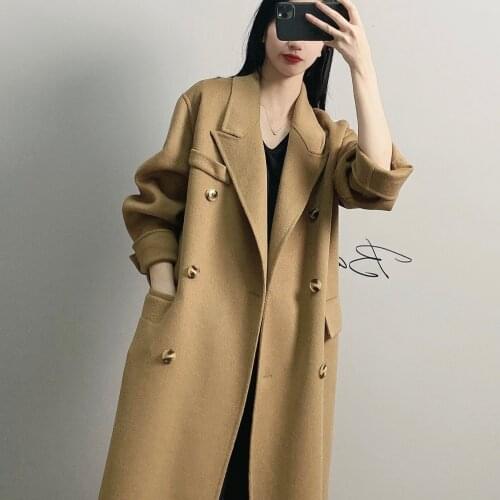 Camel double-breasted hand-stitched double-faced cashmere coat womens mid-length winter new product loose coat