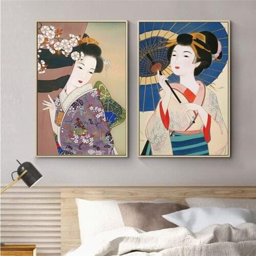 Japanese Geisha Wall Art Poster Vintage Kimono Woman Canvas Print Painting Nordic Decoration Picture for Living Room Home Decor