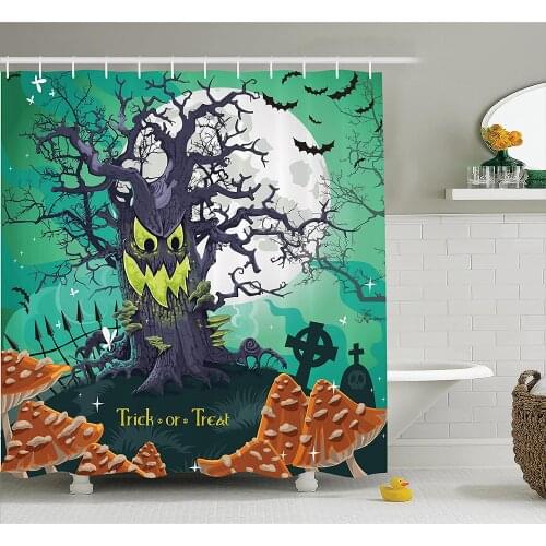 Halloween Shower Curtain Trick or Treat Halloween Dead Forest with Spooky Tree Graves Big Mushrooms Cartoon Bathroom Curtains