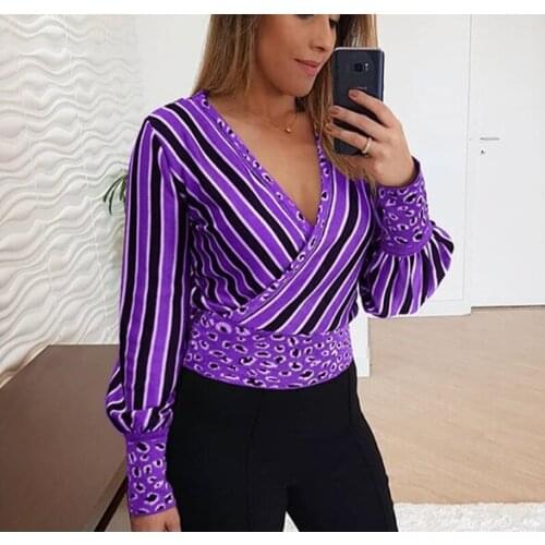 2021 The New Autumn womens fashion sexy deep V cross stitching striped T-shirt tops womens clothing