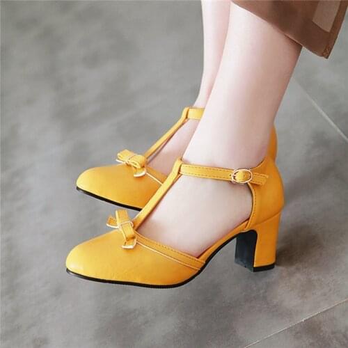 YMECHIC 2019 Fashion Lolita Block High Heel Pumps Women Shoes Yellow Blue Cute Bowtie Party Dress Heels Shoes Woman Plus Size 43