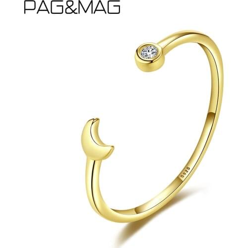 PAG&MAG Vintage Gold Color Moon Star Zircon Open Rings For Women 925 Sterling Silver Rings Fashion Jewelry Gift
