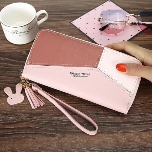 Geometric Patchwork PU Leather Women Long Zipper Wrist Purses Tassel Design Clutch Forever Young Wallet Female Card Holder L001