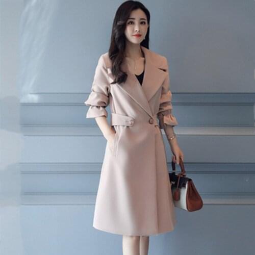 Plus Size 4XL Trench Coat Femme Autumn Temperament Casual Slim Ladies Outerwear Long Suit Collar Office Workwear Windbreaker