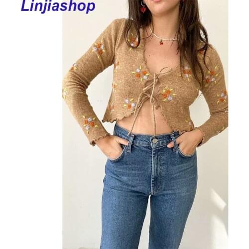 Womens 2021 early autumn new product fashion wild wood ear embroidery small flower lace-up knitted cardigan