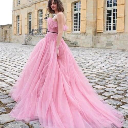 2020 Pink Strapless Tulle Evening Dress Elegant A-Line Evening Gown Formal Dress Vestido Longo Festa Prom Dress LE40753
