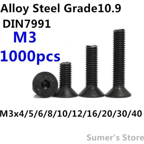 1000pcs/lot DIN7991 M3 Alloy Steel Hex Socket Flat Head Cap Screw M3*4/5/6/8/10/12/16/20/25/30/35/40mm black screw bolt
