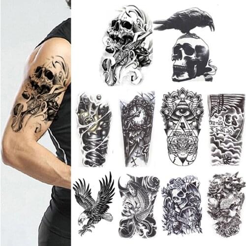 10x 3D Waterproof Body Leg Art Tattoo Sticker Handsome Skull Gun Tatoo Fake Transfer Tatouage Glitter Black Temporary Tattoos